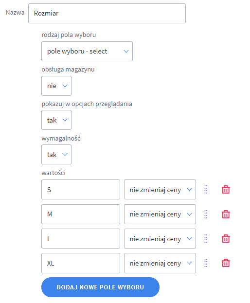 Wszystkie dostępne opcje w rodzaju pola wyboru: select Panel administracyjny sklepu > Obsługa sklepu > Warianty