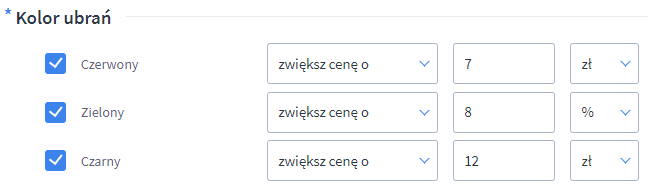 Możesz zmienić cenę wariantu, podając różnicę procentową lub kwotową względem ceny produktu głównego Zmiana o wartość procentową lub kwotową