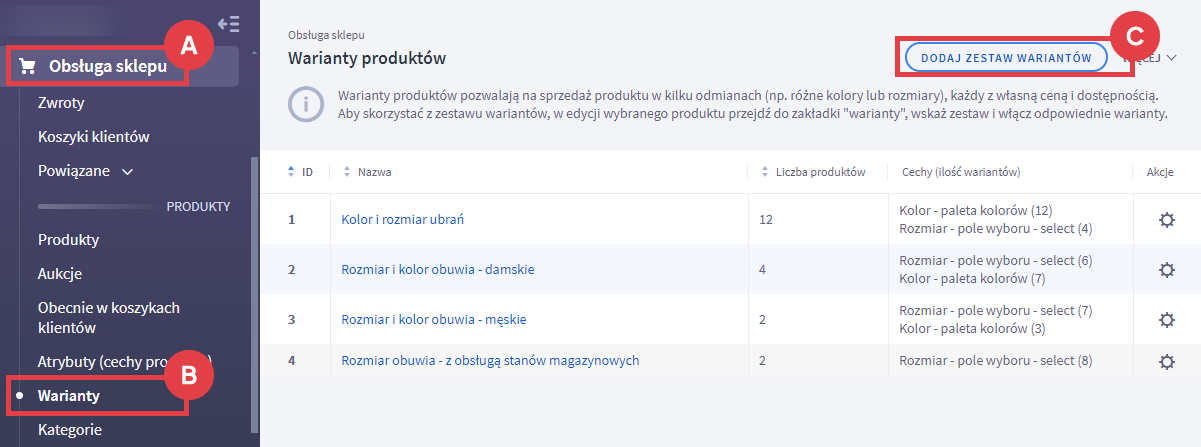 Kliknij Dodaj zestaw wariantów, aby przejść do tworzenia nowej grupy Panel administracyjny sklepu > Obsługa sklepu > Warianty