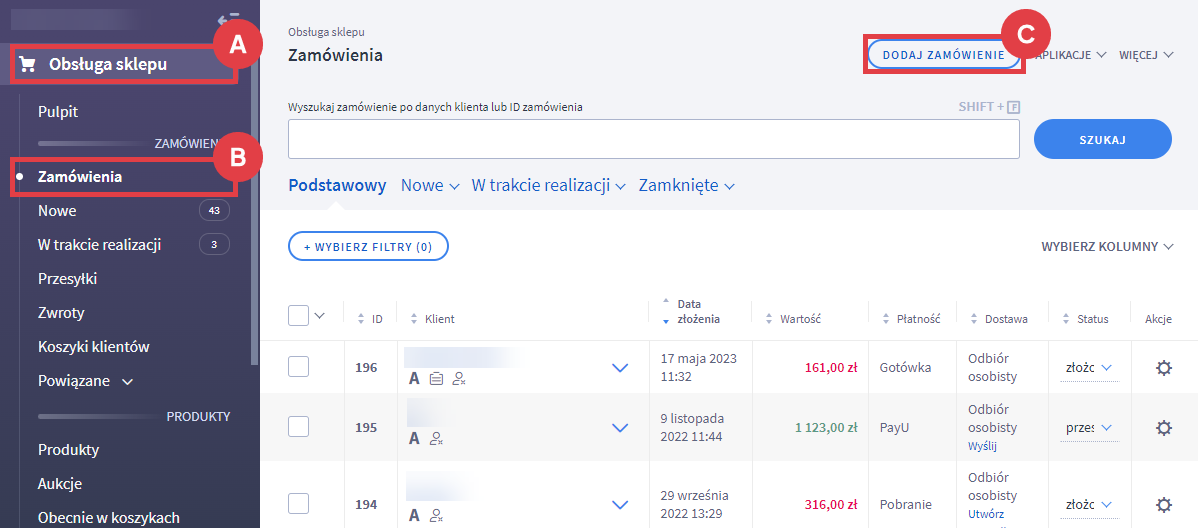 Dodaj nowe zamówienie w Panelu administracyjnym sklepu Shoper Panel administracyjny sklepu > Obsługa sklepu > Zamówienia > Dodawanie zamówienia