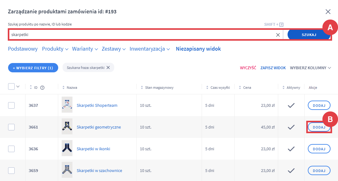 Wyszukaj artykuł na liście i dodaj go do zamówienia Panel administracyjny sklepu > Obsługa sklepu > Zamówienia > Edycja > Dodaj produkt do zamówienia > Wyszukiwarka