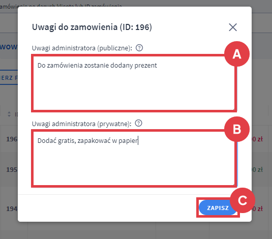Panel administracyjny sklepu > Obsługa sklepu > Zamówienia > Uwagi > Formularz