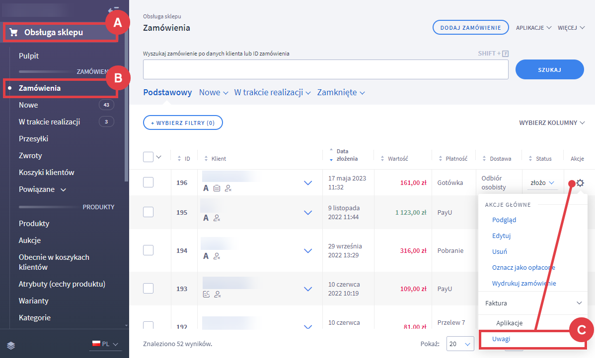 Panel administracyjny sklepu > Obsługa sklepu > Zamówienia > Uwagi