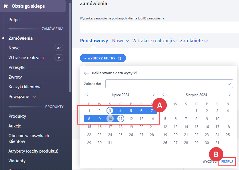Panel administracyjny > Obsługa sklepu > Zamówienia > Filtry