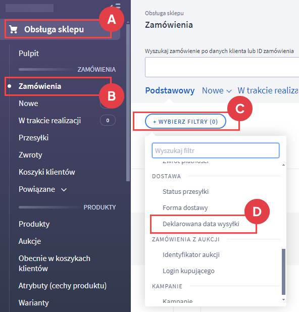 Panel administracyjny > Obsługa sklepu > Zamówienia > Wybierz filtr