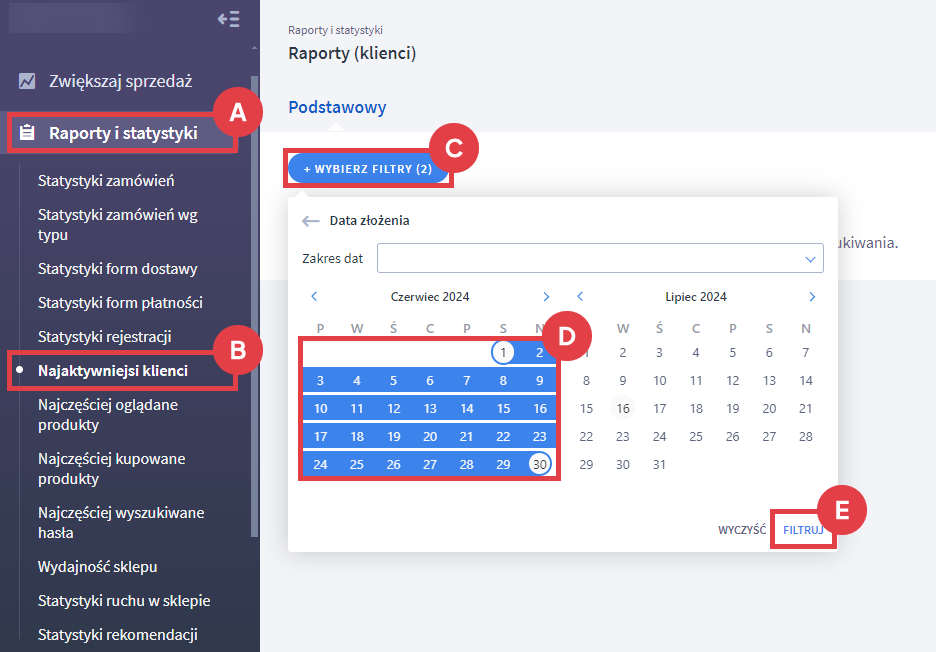Wyświetl raport najaktywniejszych klientów w sklepie internetowym Shoper Panel administracyjny sklepu > Raporty i statystyki > Najaktywniejsi klienci > Filtry > Data złożenia