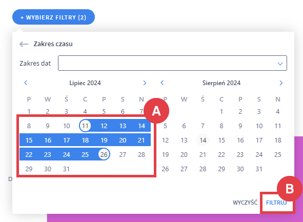 Zaznacz, które daty Cię interesują w kalendarzu Panel administracyjny sklepu > Raporty i statystyki > Najczęściej wyszukiwane hasła > Filtry > Zakres czasu > Zaznaczanie dat