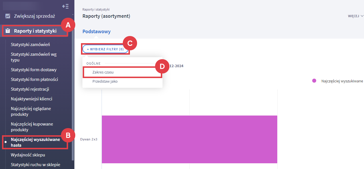 Pokaż raport najczęściej wyszukiwanych haseł w Twoim sklepie internetowym na platformie Shoper Panel administracyjny sklepu > Raporty i statystyki > Najczęściej wyszukiwane hasła > Filtry > Zakres czasu