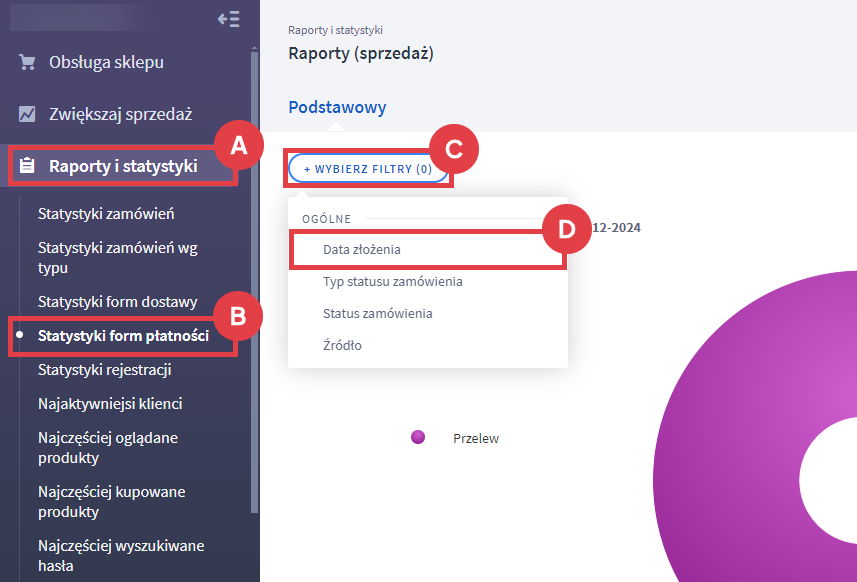 Panel administracyjny sklepu > Raporty i statystyki > Statystyki form płatności > Filtry