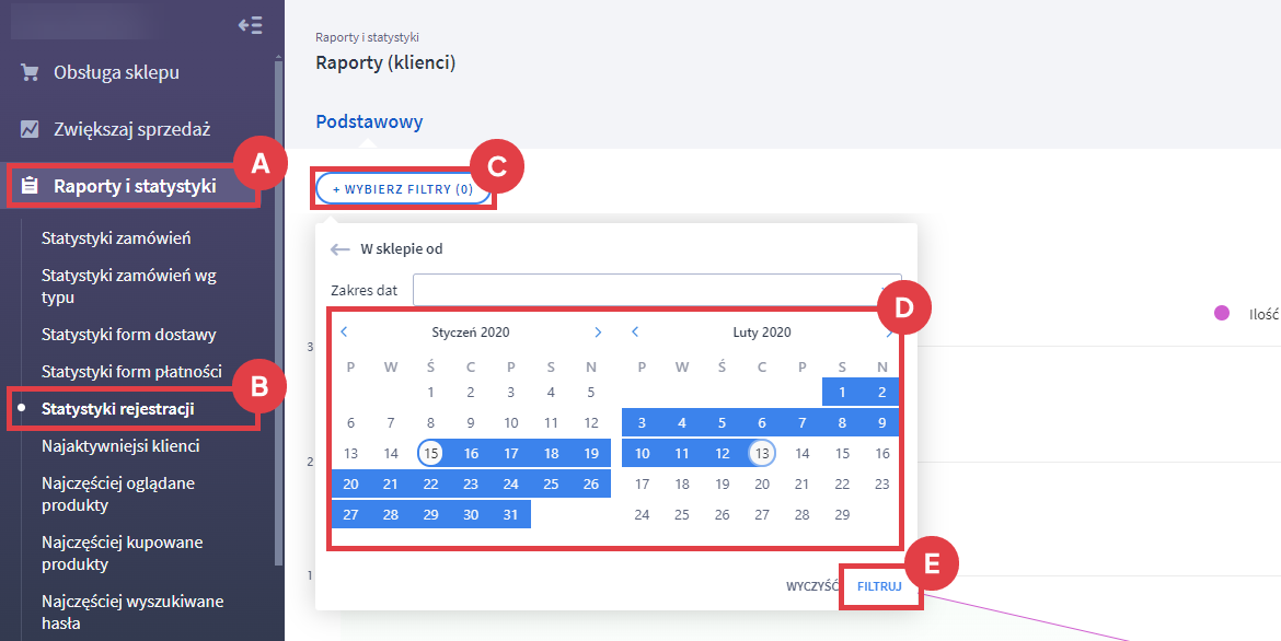 Panel administracyjny sklepu > Raporty i statystyki > Statystyki rejestracji > Filtry > Zakres dat