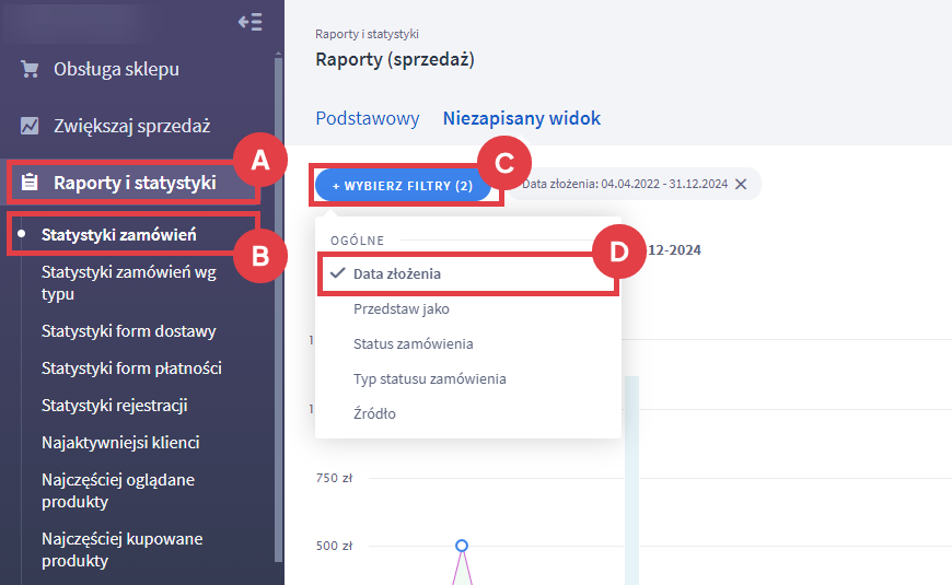 Wybierz filtry do zastosowania w celu wygenerowania raportu zamówień w sklepie Shoper Panel administracyjny sklepu > Raporty i statystyki > Statystyki zamówień > Filtry