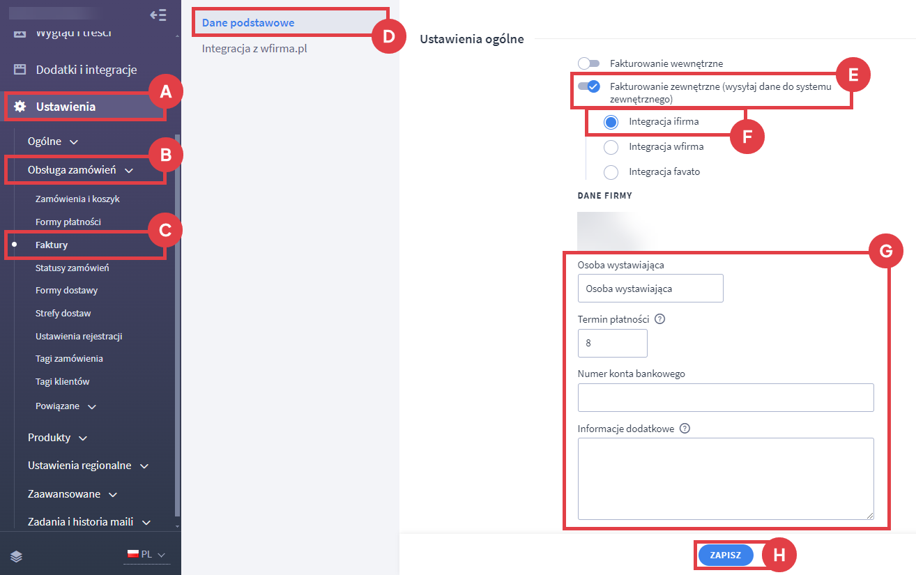 Panel administracyjny sklepu > Ustawienia > Obsługa zamówień > Faktury > Fakturowanie zewnętrzne > iFirma