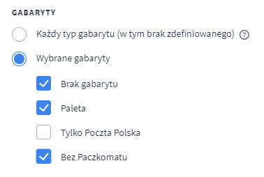 Przykładowe ustawienia gabarytów dla przesyłki kurierskiej Panel administracyjny sklepu > Ustawienia > Obsługa zamówień > Formy dostawy> Edycja formy dostawy > Gabaryty