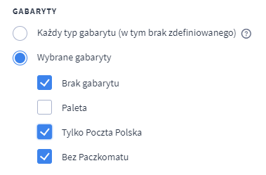 Przykładowe ustawienia gabarytów dla przesyłek Poczty Polskiej Panel administracyjny sklepu > Ustawienia > Obsługa zamówień > Formy dostawy> Edycja formy dostawy > Gabaryty