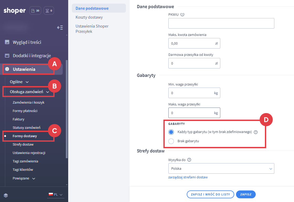 Przejdź do edycji danej formy dostawy i wybierz typ gabarytu, który forma dostawy ma obsługiwać Panel administracyjny sklepu > Ustawienia > Obsługa zamówień > Formy dostawy > Edycja formy dostawy > Sekcja gabaryty