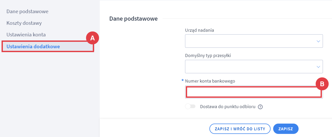 Podaj numer konta bankowego dla płatności z pobrań Panel administracyjny sklepu > Ustawienia > Obsługa zamówień > Formy dostawy > Poczta Polska > Ustawienia dodatkowe