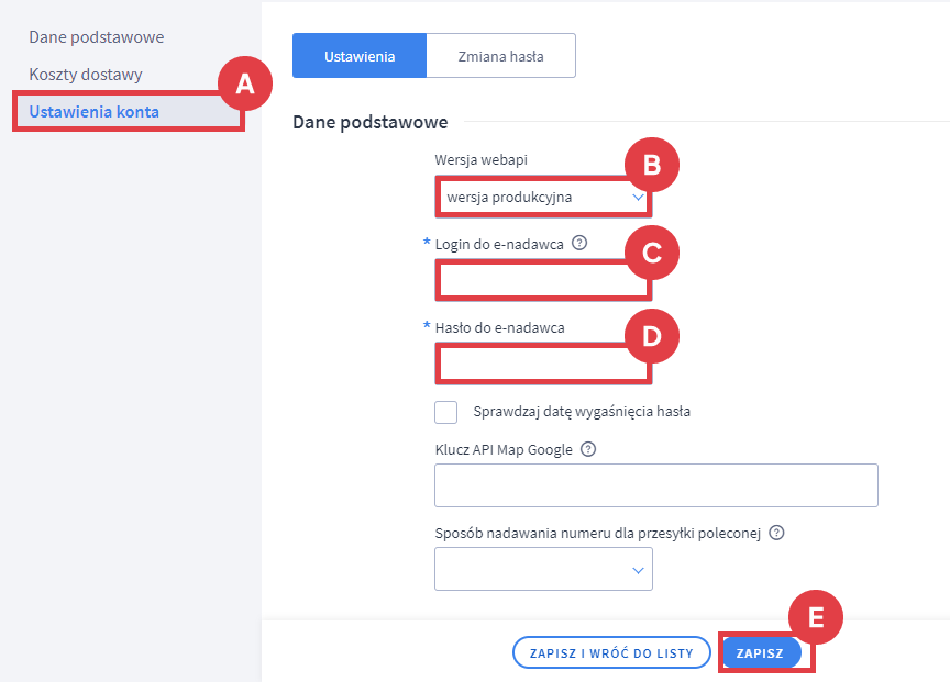 Przejdź do ustawień konta oraz wprowadź login i hasło do e-nadawca Panel administracyjny sklepu > Ustawienia > Obsługa zamówień > Formy dostawy > Poczta Polska > Ustawienia konta