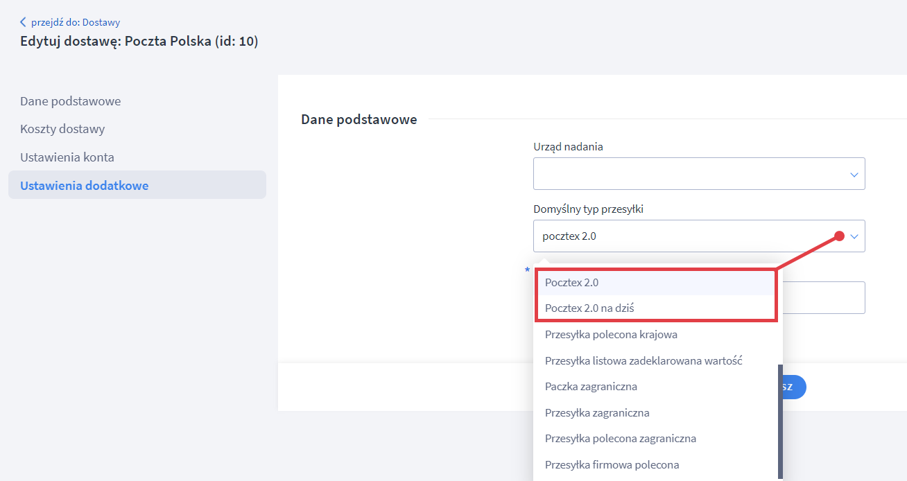 Ustaw domyślny typ przesyłki w ustawieniach dodatkowych dostawy Poczta Polska Panel administracyjny sklepu > Ustawienia > Obsługa zamówień > Formy dostawy > Poczta Polska > Ustawienia dodatkowe > Pocztex