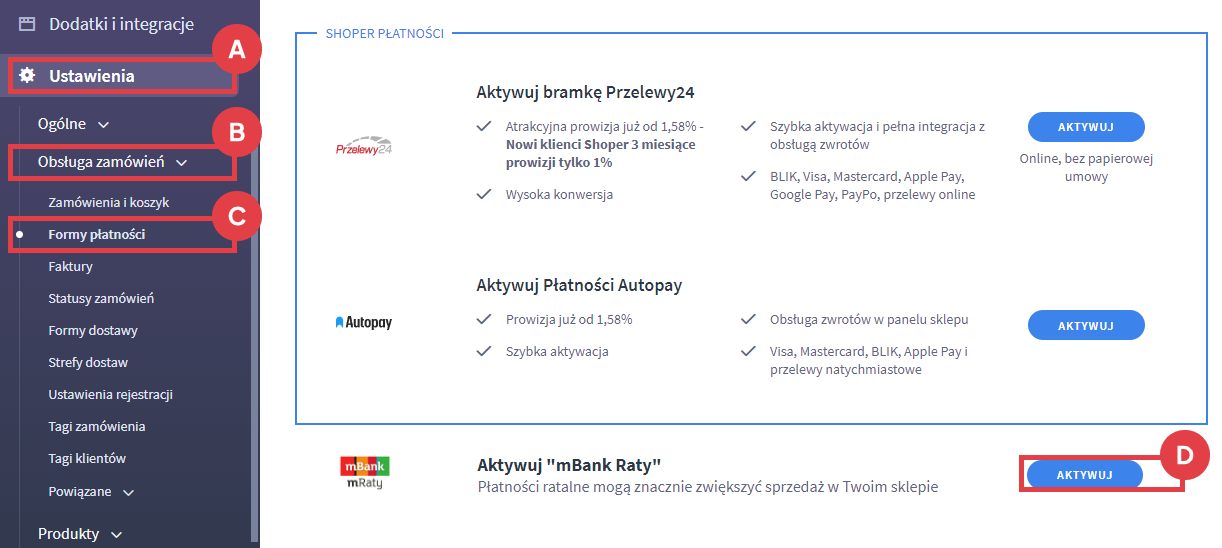 Panel administracyjny sklepu > Ustawienia > Obsługa zamówień > Formy płatności > mBank Raty