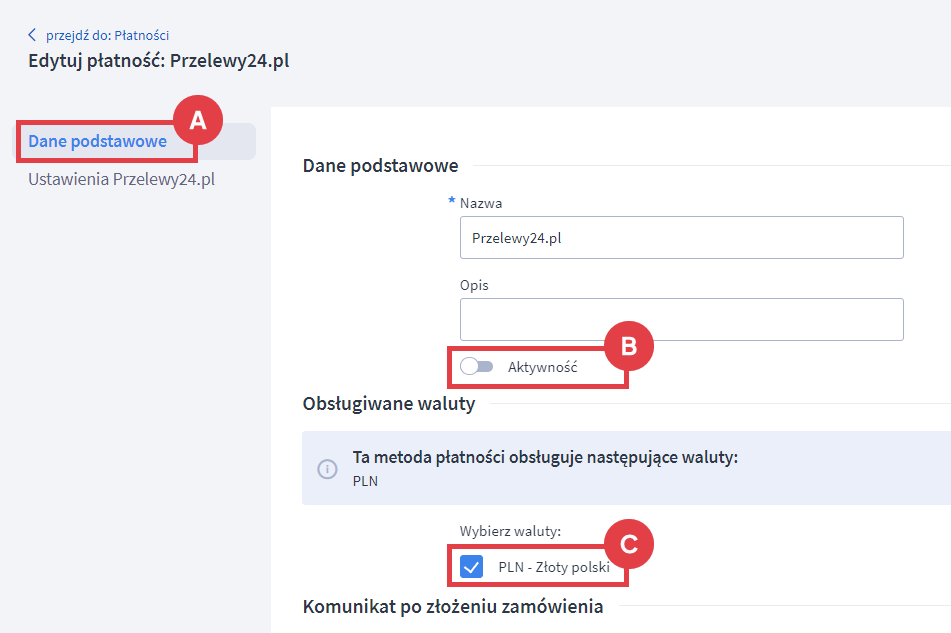 Panel administracyjny > Ustawienia > Obsługa zamówień > Formy płatności
