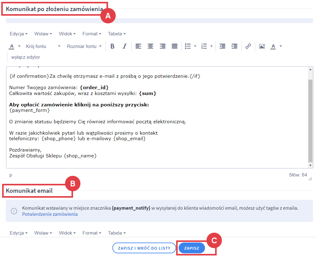 Panel administracyjny sklepu > Ustawienia > Obsługa zamówień > Formy płatności