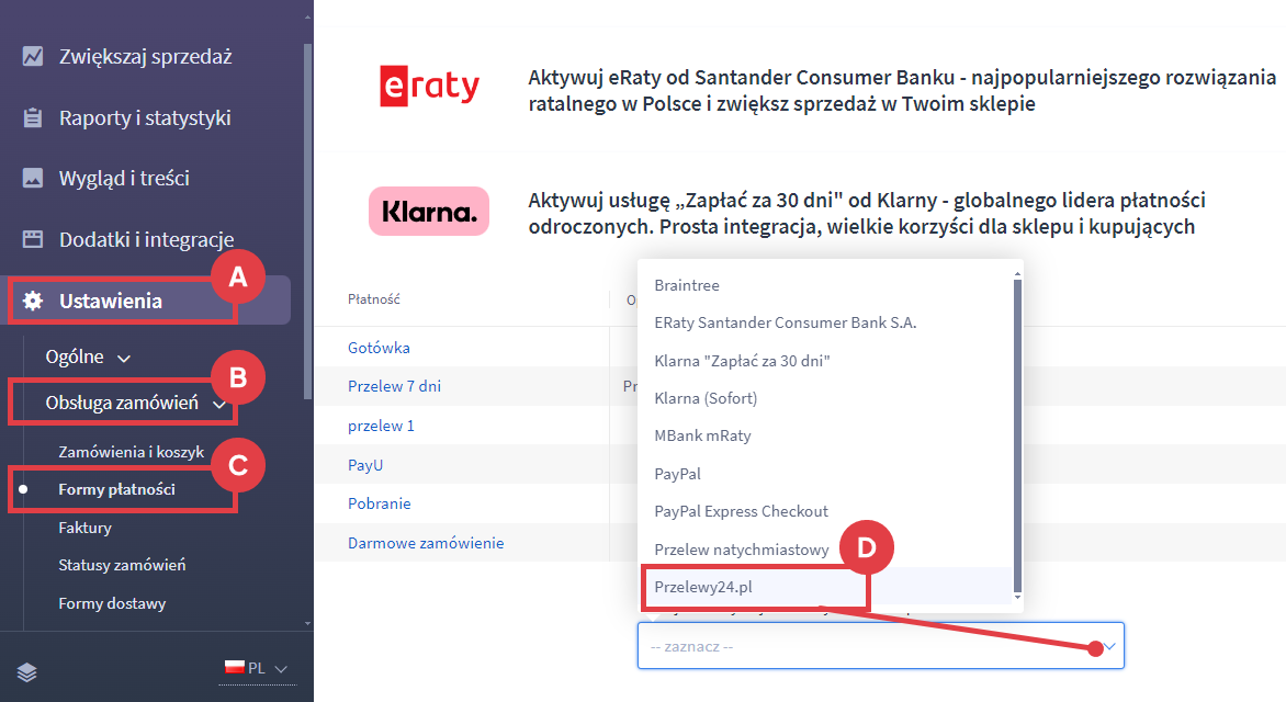 Panel administracyjny sklepu > Ustawienia > Obsługa zamówień > Formy płatności