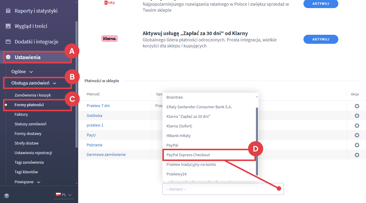 Panel administracyjny sklepu > Ustawienia > Obsługa zamówień > Formy płatności > PayPal Express Checkout