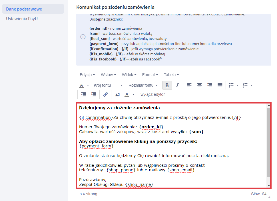 Edycja formy płatności w sklepie >Komunikat po złożeniu zamówienia