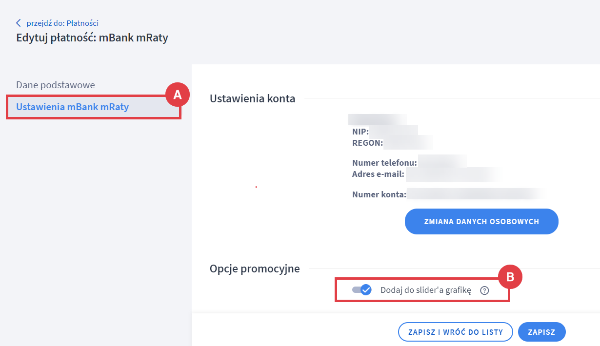 Panel administracyjny sklepu > Ustawienia > Obsługa zamówień > Formy płatności > mBank Raty > Edycja > Ustawienia mBank mRaty > Opcje promocyjne