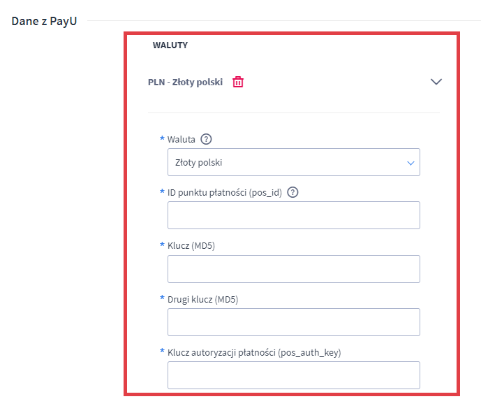 W sekcji Dane z PayU, wkleisz informacje dostępne w panelu PayU Konfiguracja formy płatności PayU zakładka Ustawienia