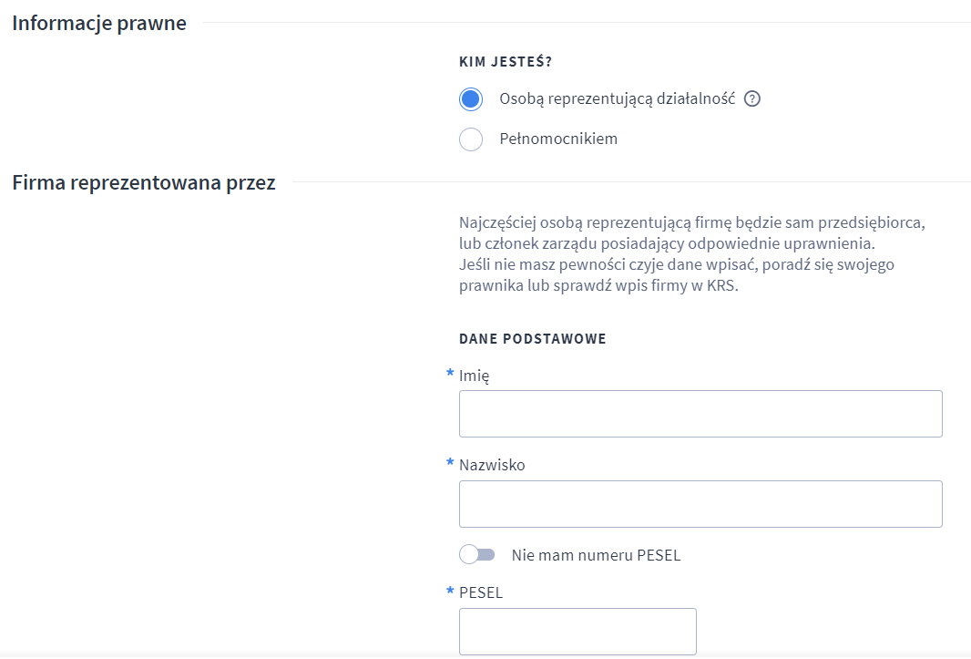Uzupełnij formularz aktywacyjny Shoper Płatności w sekcji Informacje prawne Menu Panelu administracyjnego sklepu Shoper Ustawienia > Obsługa zamówień > Formy płatności > Aktywacja Shoper Płatności > Informacje prawne