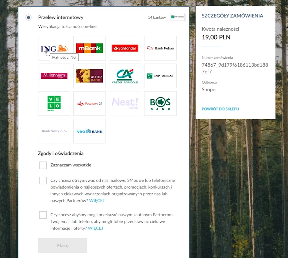 Wykonaj przelew aktywacyjny Shoper Płatności Wybór banku - Shoper Płatności