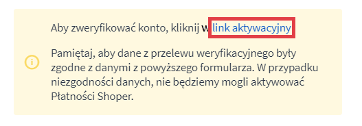 Uzupełnij formularz aktywacyjny Shoper Płatności i kliknij link aktywacyjny Formularz rejestracji usługi - Shoper Płatności