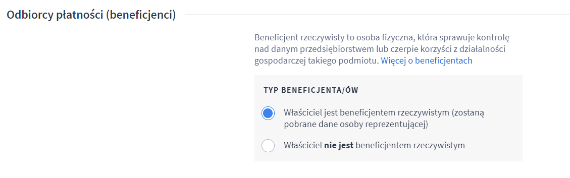 Uzupełnij formularz aktywacyjny Shoper Płatności w sekcji odbiorcy płatności (beneficjenci) Menu Panelu administracyjnego sklepu Shoper Ustawienia > Obsługa zamówień > Formy płatności > Aktywacja Shoper Płatności > Odbiorcy płatności