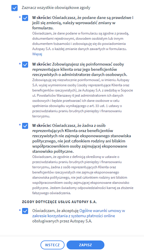 Uzupełnij formularz aktywacyjny Shoper Płatności i zaznacz wymagane zgody Formularz rejestracji usługi - Shoper Płatności