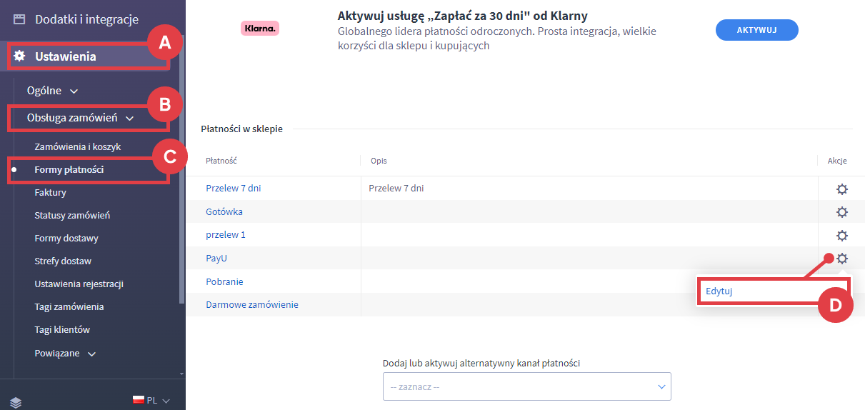 Panel administracyjny sklepu > Ustawienia > Obsługa zamówień > Formy płatności > Edytuj