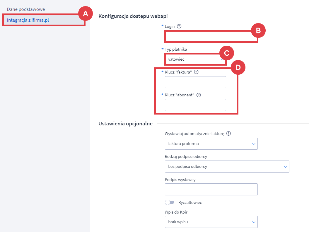 Panel administracyjny sklepu > Ustawienia > Obsługa zamówień > Faktury > Integracja z ifirma > Konfiguracja dostępu