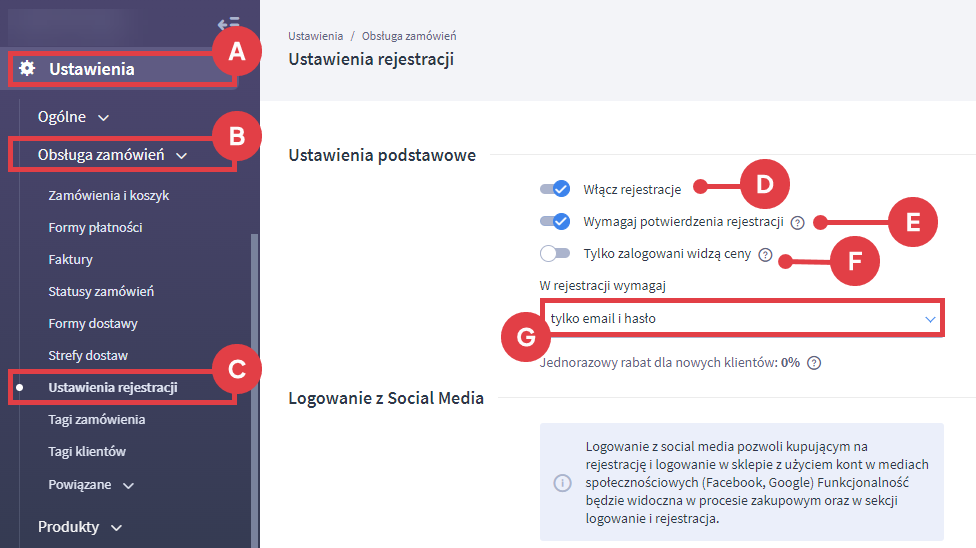 Aktywuj rejestrację nowych klientów w sklepie Shoper Panel administracyjny sklepu > Ustawienia > Obsługa zamówień > Ustawienia rejestracji