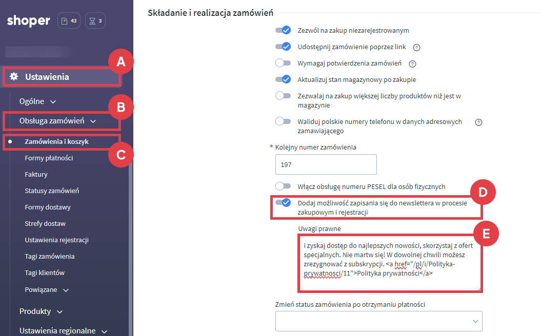 Panel administracyjny sklepu > Ustawienia > Obsługa zamówień > Zamówienia i koszyk > Składanie i realizacja zamówień