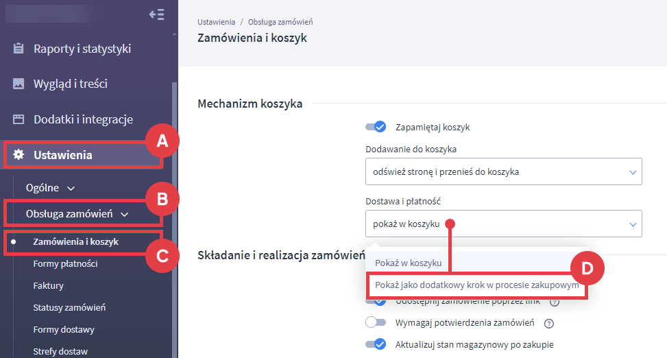 Pokaż dostawę i płatność jako dodatkowy krok w procesie zakupowym Panel administracyjny sklepu > Ustawienia > Obsługa zamówień > Zamówienia i koszyk > Mechanizm koszyka > Dostawa i płatność