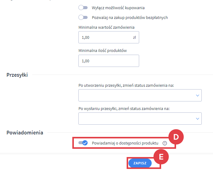 Panel administracyjny sklepu > Ustawienia > Obsługa zamówień > Zamówienia i koszyk > Powiadomienia