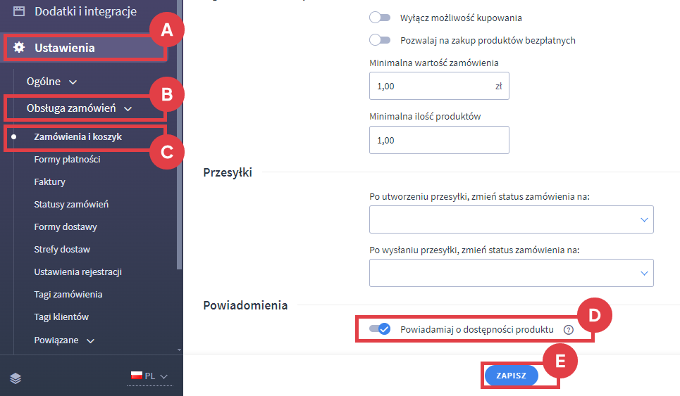 Aktywacja opcji: Powiadamiaj o dostępności produktu Panel administracyjny sklepu > Ustawienia > Obsługa zamówień > Zamówienia i koszyk > Powiadomienia