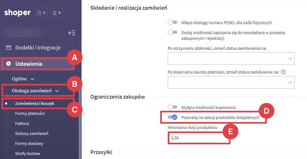Panel administracyjny sklepu > Ustawienia > Obsługa zamówień > Zamówienia i koszyk > Zakup produktów bezpłatnych