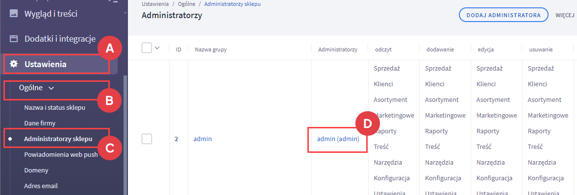 Panel administracyjny > Ustawienia > Ogólne > Administratorzy sklepu