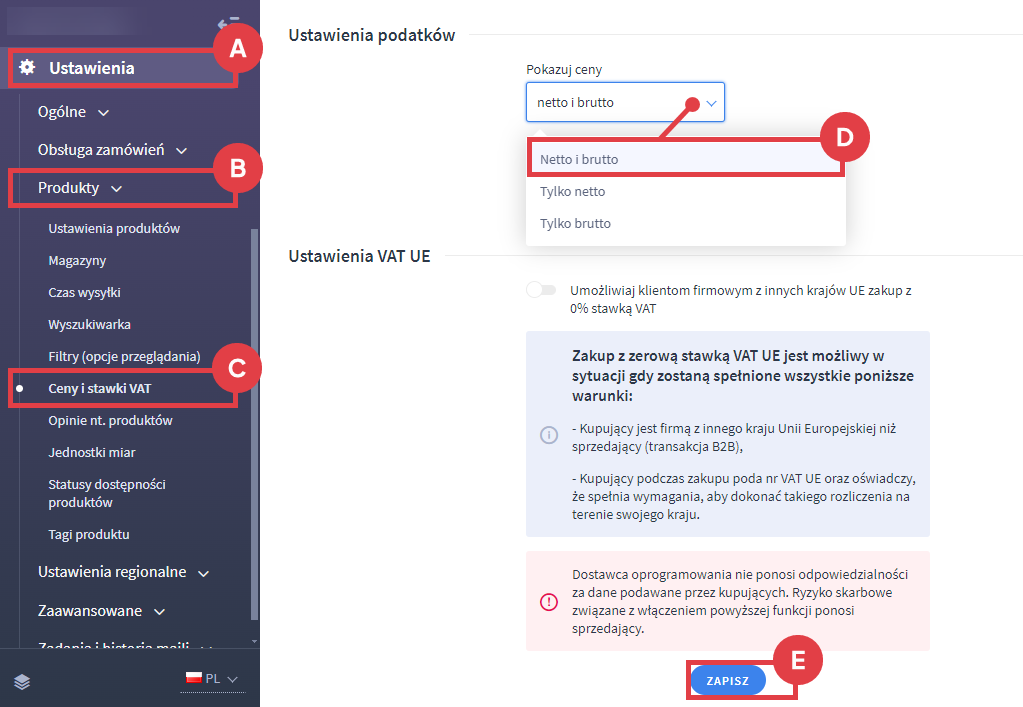 Panel administracyjny sklepu > Ustawienia > Produkty > Ceny i stawki VAT > Ustawienia podatków