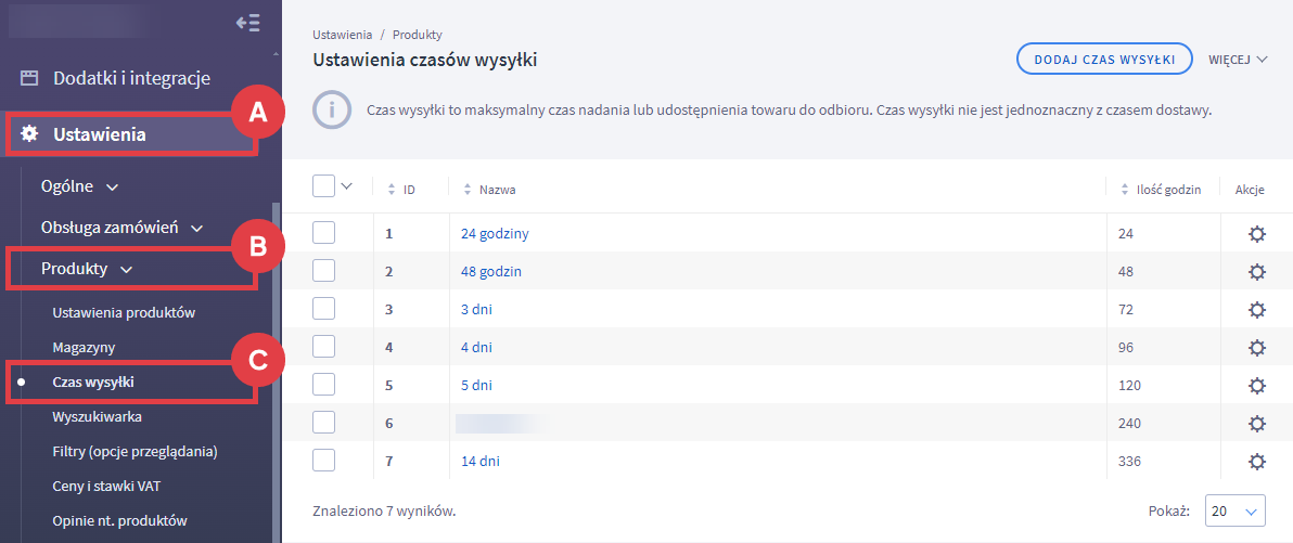 Dodaj lub edytuj wybrany czas wysyłki w Panelu administracyjnym sklepu Shoper Panel administracyjny sklepu > Ustawienia > Produkty > Czas wysyłki