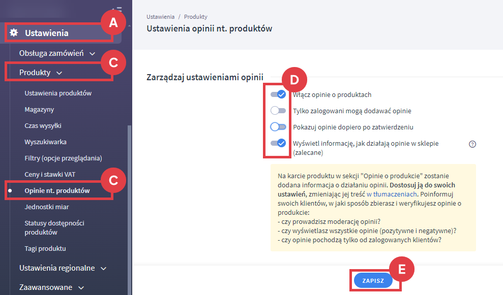 Ustawienia > Produkty > Opinie nt.produktów