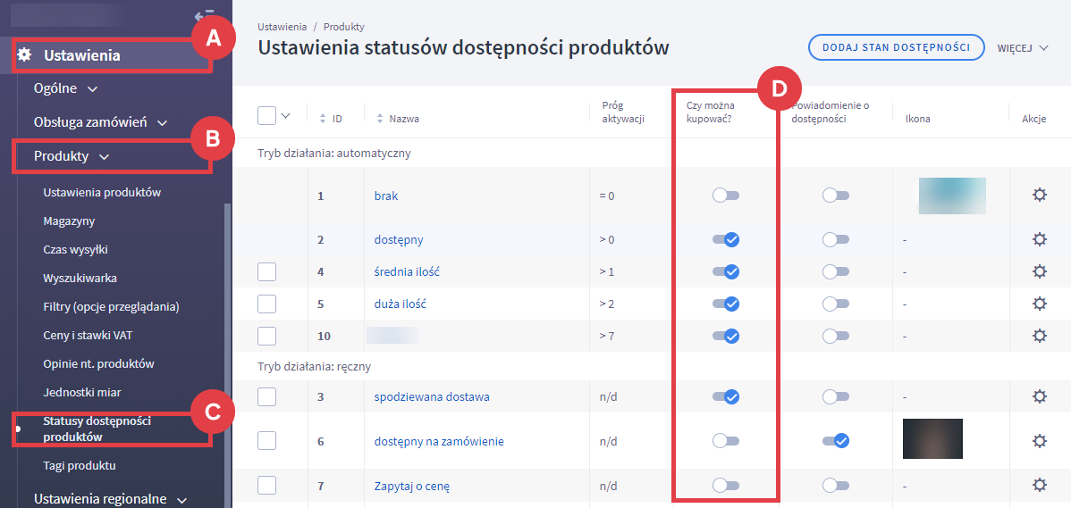 Panel administracyjny sklepu > Ustawienia > Produkty > Statusy dostępności produktów > Czy można kupować 