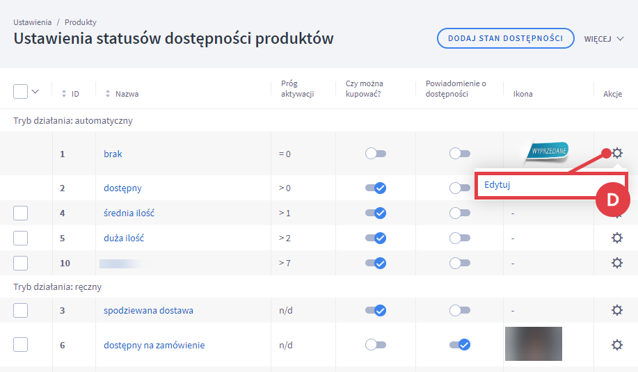 Panel administracyjny sklepu > Ustawienia > Produkty > Statusy dostępności produktów > Edycja