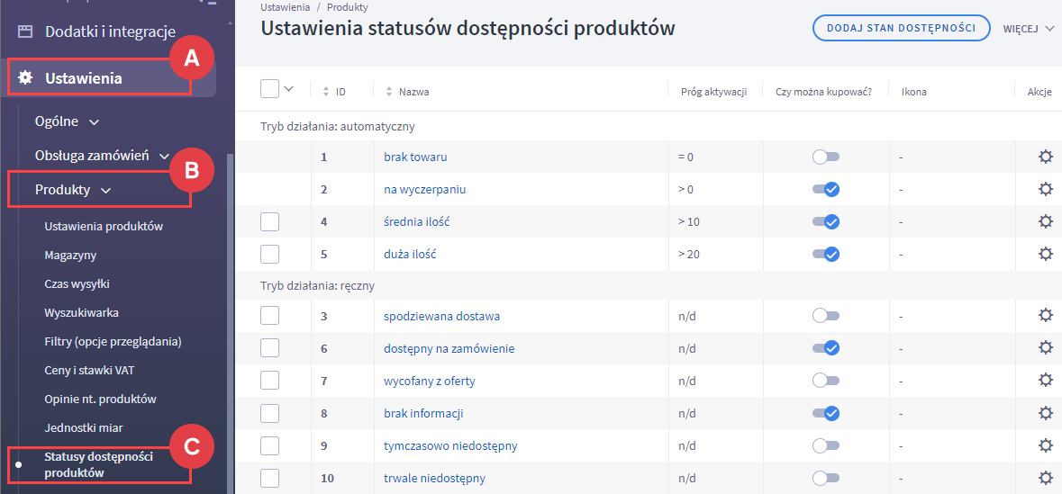 Skonfiguruj statusy dostępności Panel administracyjny > Ustawienia > Produkty > Statusy dostępności